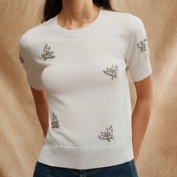 Tops - White Casual Women's Butterfly Diamond Decor Elegant Summer T-Shirt